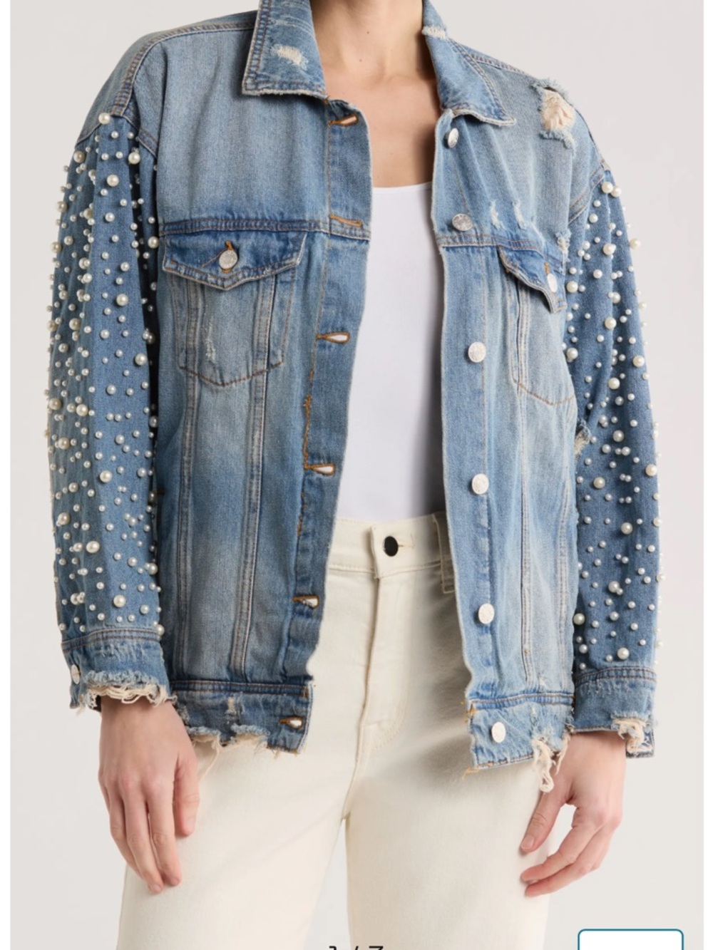 Blank NYC Light Blue Distressed Pearl-Embellished Denim Jacket